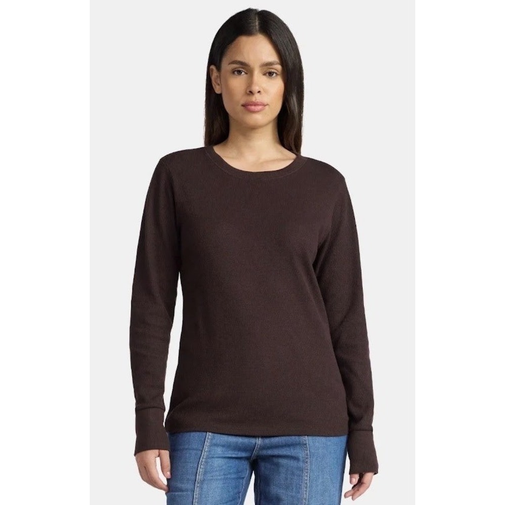 Time and Tru Women's Brown Thermal Knit Long Sleeve Crew Neck Ribbed Top Small